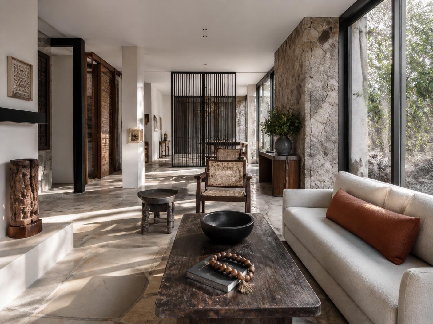 Refined contemporary interior with natural stone and timber