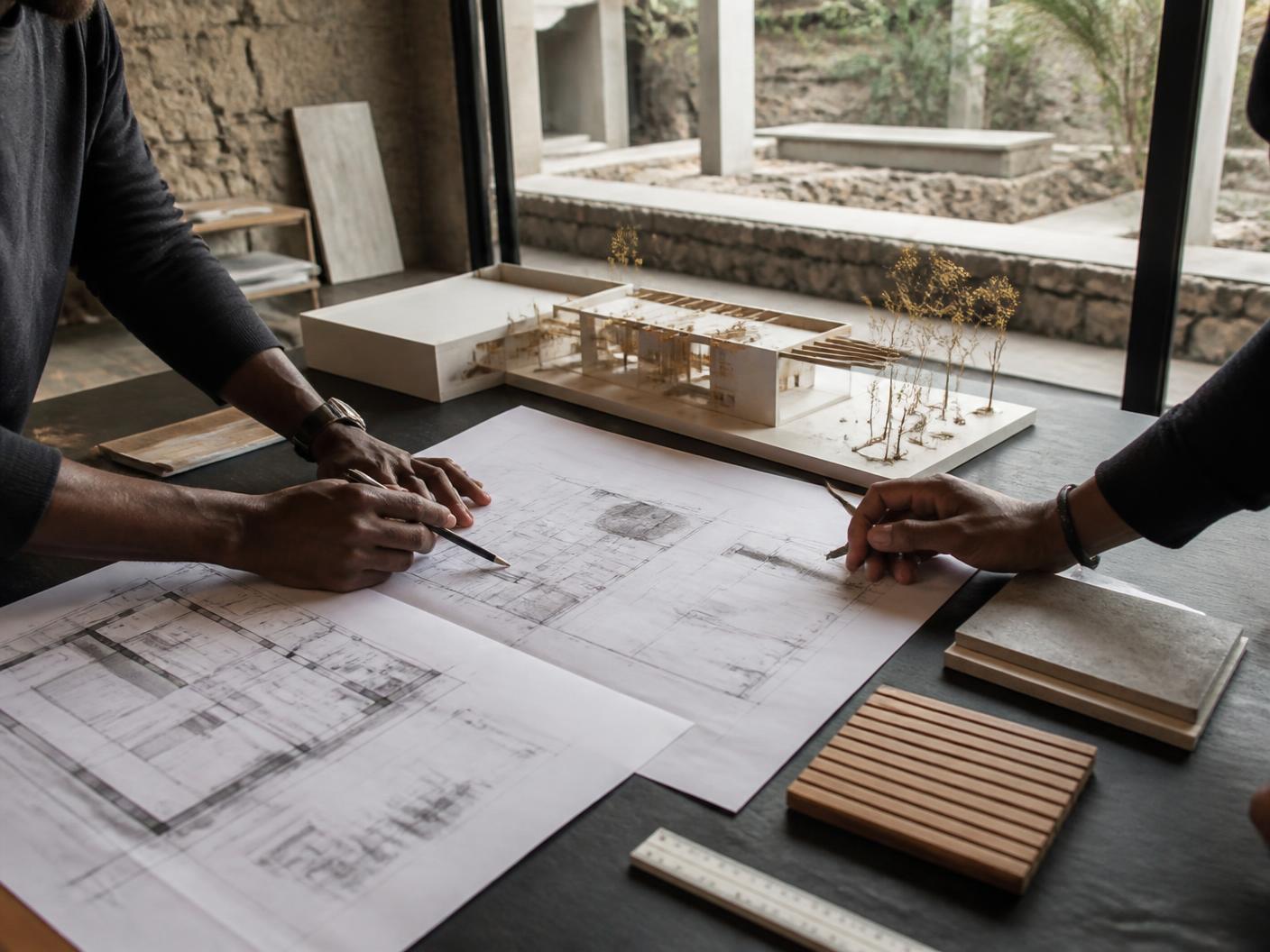 Construction professionals reviewing plans and material samples